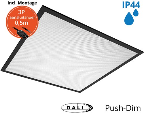 Pragmalux LED Paneel 60x60cm Sigma G2 Zwart IP44 38W 3000K-4000K 2-CCT 5000-5100lm UGR<19 +TCI DALI Driver incl. 3P Aansluitsnoer (4x14W/4x18W)