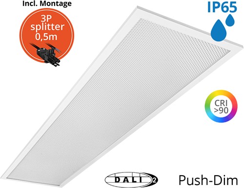 Pragmalux LED Paneel 30x120cm Sigma G2 IP65 CRI>90 37W 3000K-4000K 2-CCT 4950-5000lm UGR<19 +TCI DALI Driver incl. 3P Aansluitsnoer en splitter en trekontlasting, 1 in 2 uit(2x28W/2x36W)