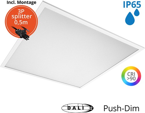 Pragmalux LED Paneel 60x60cm Sigma G2 IP65 CRI>90 37W 5000K-6500K 2-CCT 5200-5300lm UGR<19 +TCI DALI Driver incl. 3P Aansluitsnoer en splitter en trekontlasting, 1 in 2 uit(4x14W/4x18W)